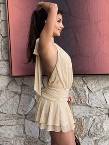 Yohana Edit Women's Purple-Red Halter Neck Ruffle Hem Mini Dress, Purple-Red Dress,Summer Dresses For Women - Apricot - View 5