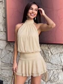 Yohana Edit Women's Purple-Red Halter Neck Ruffle Hem Mini Dress, Purple-Red Dress,Summer Dresses For Women - Apricot - View 4