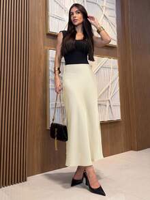 Yohana Edit 女士缎面半身裙，百搭鱼尾裙，适合日常穿着，米色半身裙 - 米色 - 查看 2