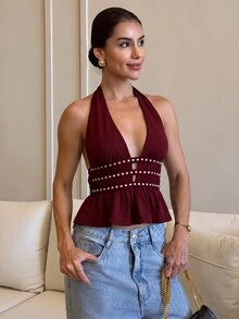 Yohana Edit Women's Sexy Deep V-Neck Ruffle Hem Studded Cami Top - Burgundy - View 6