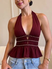 Yohana Edit Women's Sexy Deep V-Neck Ruffle Hem Studded Cami Top - Burgundy - View 4
