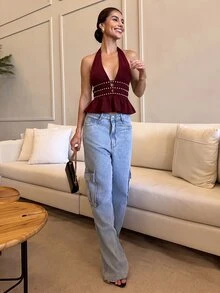 Yohana Edit Women's Sexy Deep V-Neck Ruffle Hem Studded Cami Top - Burgundy - View 7