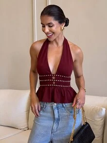 Yohana Edit Women's Sexy Deep V-Neck Ruffle Hem Studded Cami Top - Burgundy - View 5