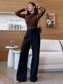Yohana Edit Brown Bodysuit For Women Sheer Mesh Long Sleeve Ruched Mock Neck Top, Suitable For Cocktail Party, Romantic Date, Winter Base Layer - Coffee Brown - View 6