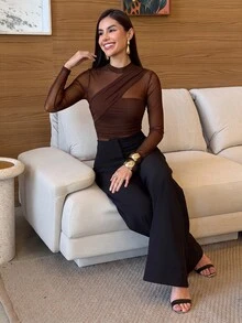 Yohana Edit Brown Bodysuit For Women Sheer Mesh Long Sleeve Ruched Mock Neck Top, Suitable For Cocktail Party, Romantic Date, Winter Base Layer - Coffee Brown - View 1