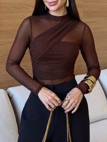 Yohana Edit Brown Bodysuit For Women Sheer Mesh Long Sleeve Ruched Mock Neck Top, Suitable For Cocktail Party, Romantic Date, Winter Base Layer - Coffee Brown - View 3