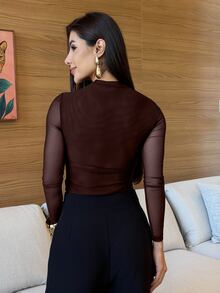 Yohana Edit Brown Bodysuit For Women Sheer Mesh Long Sleeve Ruched Mock Neck Top, Suitable For Cocktail Party, Romantic Date, Winter Base Layer - Coffee Brown - View 2