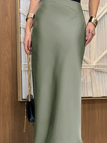 Yohana Edit 女士纯色美人鱼款半身裙，缎面面料，优雅中长裙，适合女士派对、日常穿着、春夏穿着 - 綠色 - 查看 3
