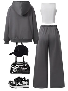 SHEIN Teen Girls Fall Outfits, NY Letter Embroidered Zip Up Hoodie Jacket, Solid Crop Cami Tank Top & Wide Leg Sweatpants 3pcs Casual Sports Tracksuit Set - Grey - View 2