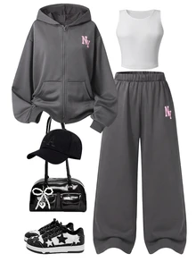 SHEIN Teen Girls Fall Outfits, NY Letter Embroidered Zip Up Hoodie Jacket, Solid Crop Cami Tank Top & Wide Leg Sweatpants 3pcs Casual Sports Tracksuit Set - Grey - View 1