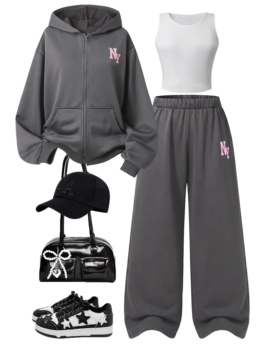 SHEIN Teen Girls Fall Outfits, NY Letter Embroidered Zip Up Hoodie Jacket, Solid Crop Cami Tank Top & Wide Leg Sweatpants 3pcs Casual Sports Tracksuit Set - Grey - View 1