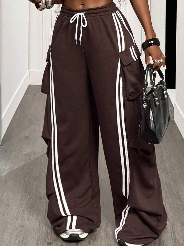 BamGleam Dark Brown Stripe Vintage Athleisure Athletic Sweatpants,Autumn Loose Fit Casual Fleece For Women,Gym Contrast Color With Pleated Pockets Everyday - Brown - View 4