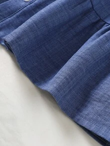 SHEIN Elladie kids 2件組女嬰秋季短袖仿牛仔洋裝披肩套裝，畢業度假風，黑白條紋格紋海軍藍，可愛日系風 - 藍色 - 查看 7