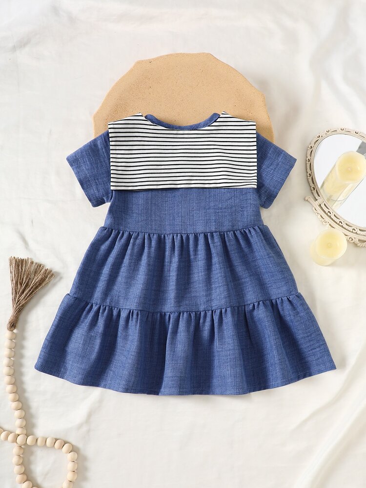 SHEIN Elladie kids 2pcs/Set Baby Girl Autumn Short Sleeve Imtate Denim Dress Shawl Graduation Holiday Vacation Black And White Striped Checkered Navy Blue Cute Kawaii - Blue - View 2