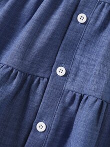 SHEIN Elladie kids 2件組女嬰秋季短袖仿牛仔洋裝披肩套裝，畢業度假風，黑白條紋格紋海軍藍，可愛日系風 - 藍色 - 查看 3