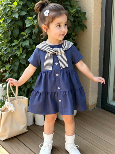 SHEIN Elladie kids 2件組女嬰秋季短袖仿牛仔洋裝披肩套裝，畢業度假風，黑白條紋格紋海軍藍，可愛日系風