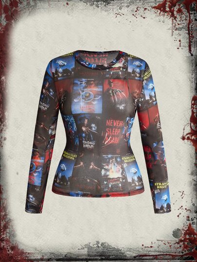 A Nightmare on Elm Street X ROMWE Top femme grande taille imprimé co-marqué IP en maille transparente coupe slim
