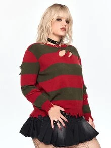 ROMWE Avant Halloween Striped Asymmetrical Distressed Detail Plus Size Women's Short Pullover Sweater - Multicolor - View 4