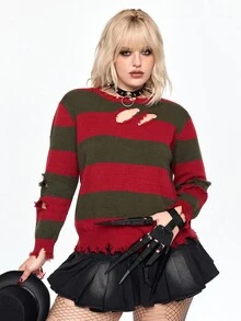 ROMWE Avant Halloween Striped Asymmetrical Distressed Detail Plus Size Women's Short Pullover Sweater - Multicolor - View 5