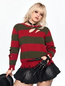 ROMWE Avant Halloween Striped Asymmetrical Distressed Detail Plus Size Women's Short Pullover Sweater - Multicolor - View 6