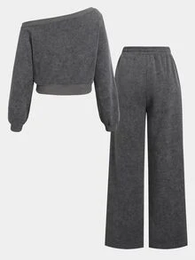 SHEIN 青少年女孩夏季音樂節街頭風遊牧風字母印花拉鍊領不對稱肩 + 直筒運動褲灰色兩件套-A - 灰色 - 查看 4