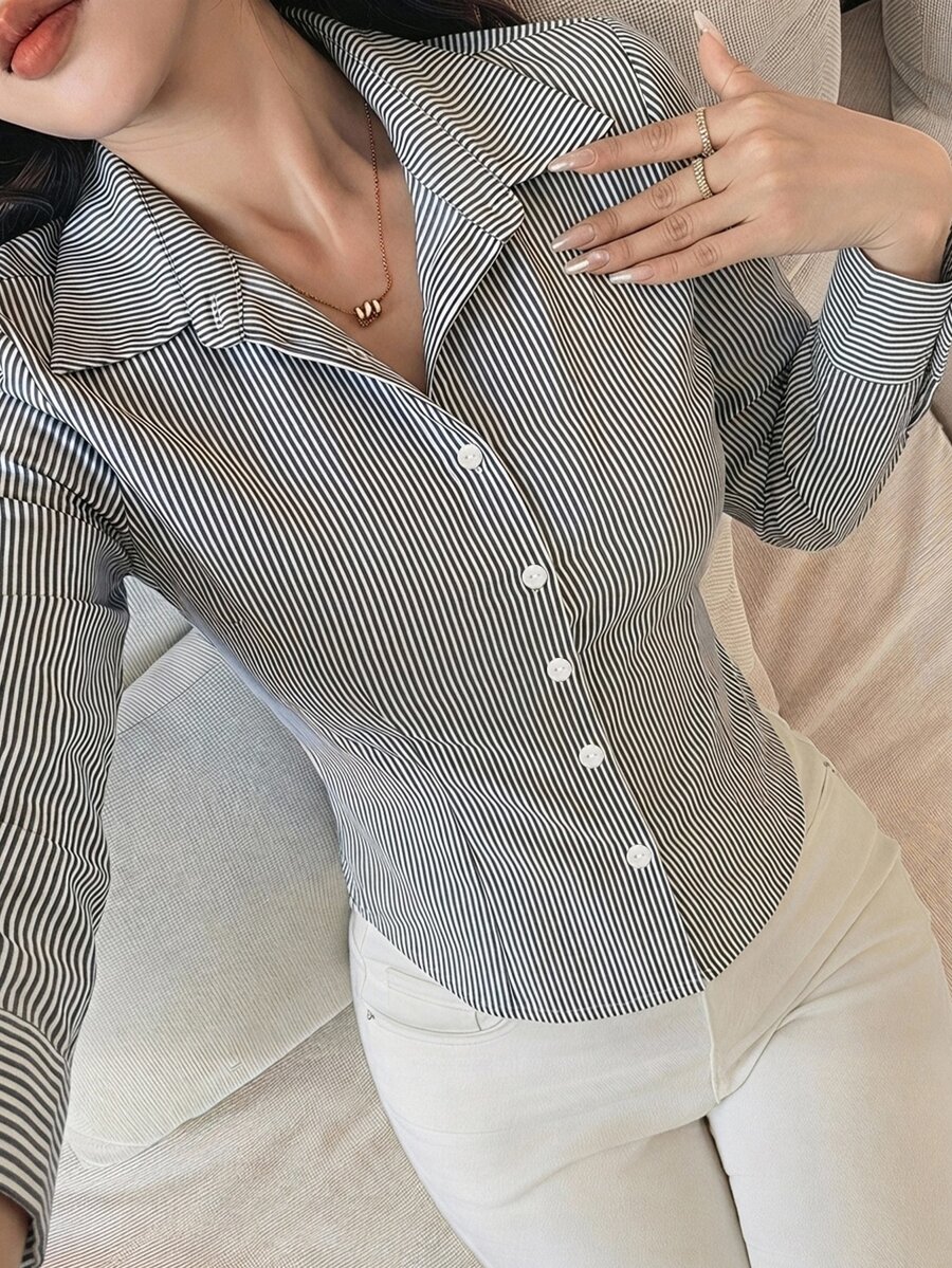 DAZY 女士条纹长袖单排扣休闲通勤衬衫 - 黑與白 - 查看 1