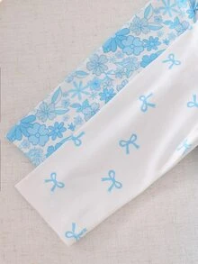 新生兒舒適柔軟優雅田園風藍色INS清新森林風碎花蝴蝶結印花圓領曲邊長袖連身包屁衣 - 淺藍色 - 查看 5