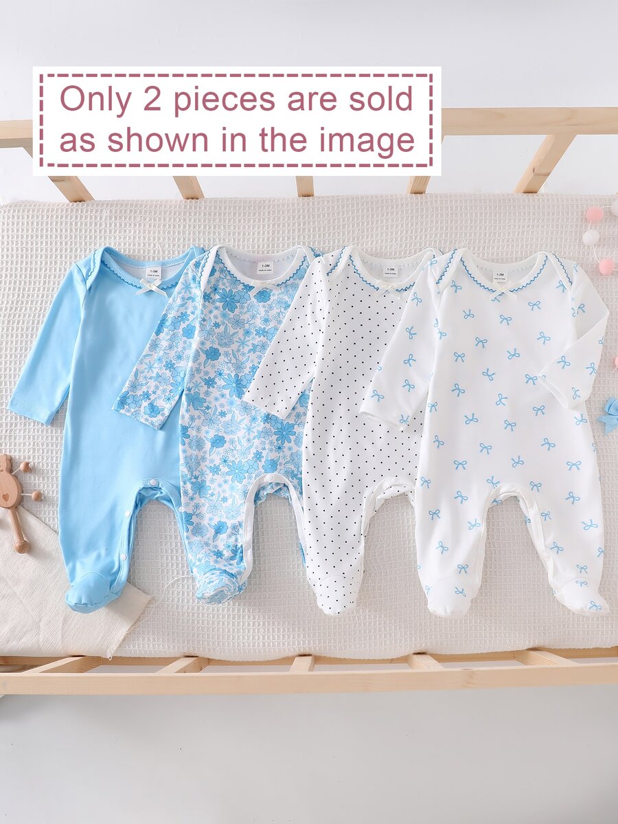 Newborn Comfortable Soft Elegant Pastoral Style Blue INS Fresh Forest Style Ditsy Floral Bow Print Pattern Round Neck Curved Trim Long Sleeve Footed Romper - Baby Blue - View 1