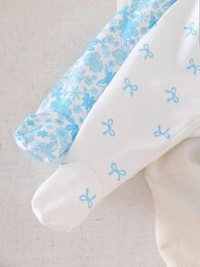 新生兒舒適柔軟優雅田園風藍色INS清新森林風碎花蝴蝶結印花圓領曲邊長袖連身包屁衣 - 淺藍色 - 查看 7