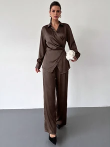 Firerie Women's Fall Cinched Waist Tie Blouse And Loose Long Pants Set Business Going Out - Brown - View 11