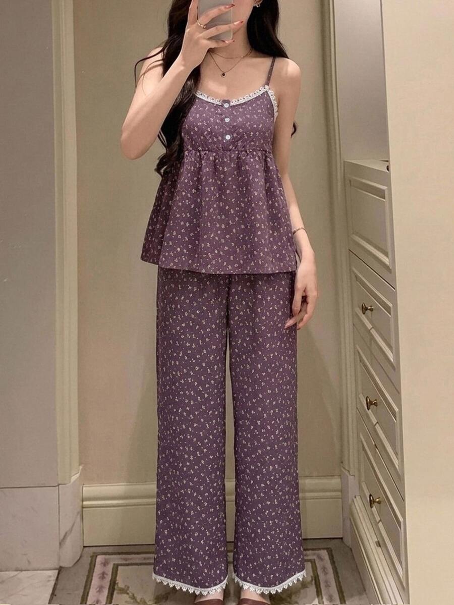 DAZY 2件組甜美花卉蕾絲拼接無袖背心與寬鬆直筒長款睡褲夏季女款睡衣套裝 - 紫色 - 查看 1
