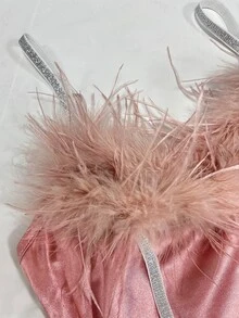 CHARMVALE New Pink And White Feather Strappy Dress, High-End Fitted Date Night Party Cocktail, Slimming Bodycon Mini For Birthday Summer Sexy - Pink - View 7
