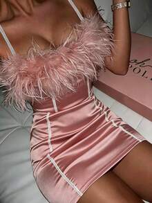 CHARMVALE New Pink And White Feather Strappy Dress, High-End Fitted Date Night Party Cocktail, Slimming Bodycon Mini For Birthday Summer Sexy - Pink - View 3