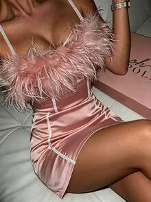 CHARMVALE New Pink And White Feather Strappy Dress, High-End Fitted Date Night Party Cocktail, Slimming Bodycon Mini For Birthday Summer Sexy - Pink - View 5
