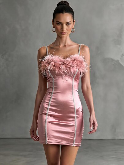 CHARMVALE New Pink And White Feather Strappy Dress, High-End Fitted Date Night Party Cocktail, Slimming Bodycon Mini For Birthday Summer Sexy