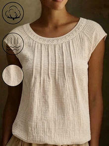SHEIN LUNE Women's Casual Comfortable Round Neck Cap Sleeve Blouse, Summer - Apricot - View 5
