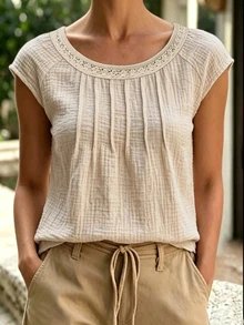 SHEIN LUNE Women's Casual Comfortable Round Neck Cap Sleeve Blouse, Summer - Apricot - View 6