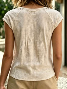 SHEIN LUNE Women's Casual Comfortable Round Neck Cap Sleeve Blouse, Summer - Apricot - View 3