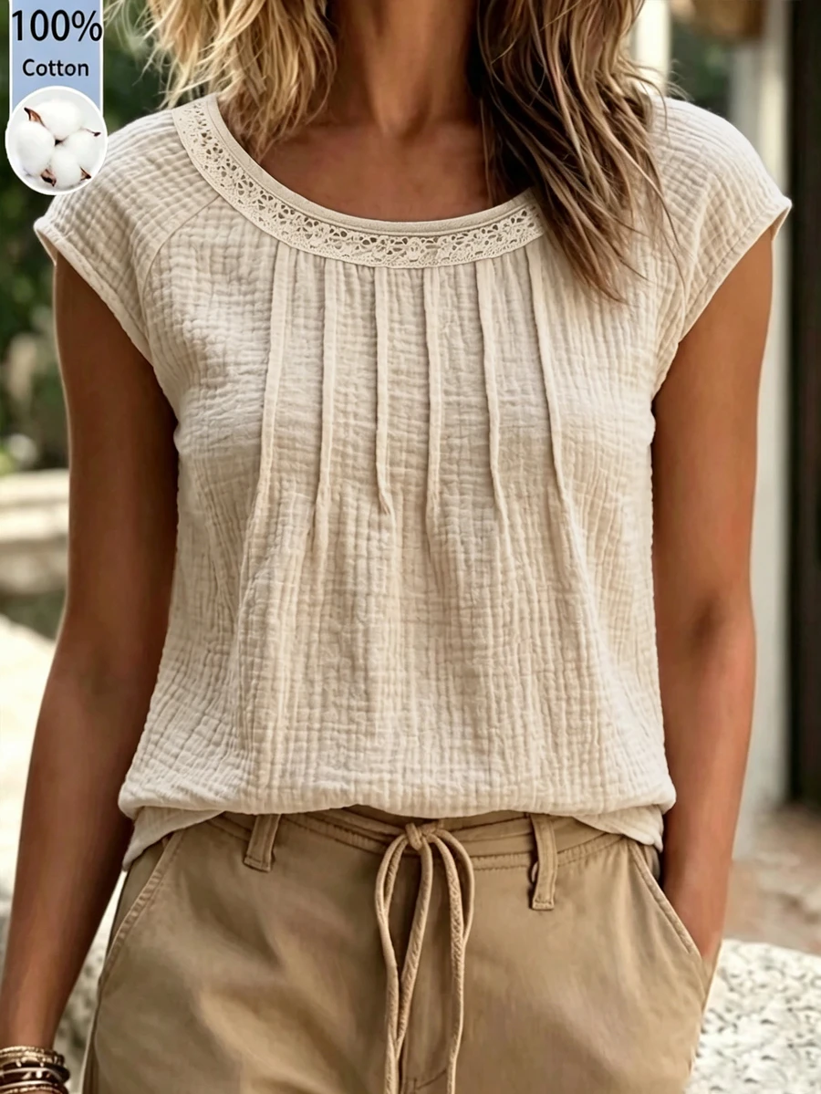 SHEIN LUNE Women's Casual Comfortable Round Neck Cap Sleeve Blouse, Summer