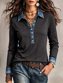 EMERY ROSE 女款熱銷休閒設計丹寧感拼色拼接 Polo 領長袖上衣，適合日常購物、約會與通勤，開學季穿搭，寬鬆顯瘦，四季百搭 - 灰色 - 查看 3