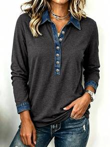 EMERY ROSE 女款熱銷休閒設計丹寧感拼色拼接 Polo 領長袖上衣，適合日常購物、約會與通勤，開學季穿搭，寬鬆顯瘦，四季百搭 - 灰色 - 查看 4
