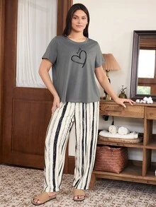 Doze Lane Women's Plus Size Short Sleeve Pants Pajama Set, Casual Style Night Black White Summer Night - Multicolor - View 6