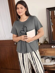Doze Lane Women's Plus Size Short Sleeve Pants Pajama Set, Casual Style Night Black White Summer Night - Multicolor - View 7