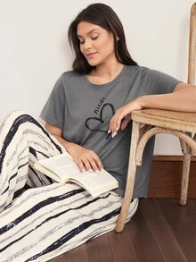 Doze Lane Women's Plus Size Short Sleeve Pants Pajama Set, Casual Style Night Black White Summer Night - Multicolor - View 5