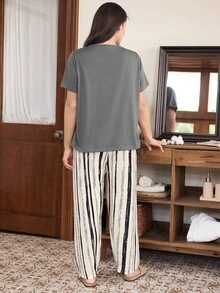 Doze Lane Women's Plus Size Short Sleeve Pants Pajama Set, Casual Style Night Black White Summer Night - Multicolor - View 2