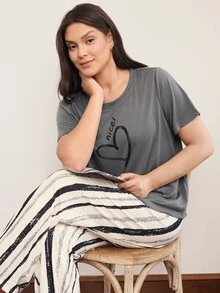 Doze Lane Women's Plus Size Short Sleeve Pants Pajama Set, Casual Style Night Black White Summer Night - Multicolor - View 4