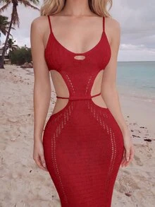 Turnttoni Casual U-Neck Hollow Out Knitted Slim Fit Sleeveless Dress For Women - Red - View 3