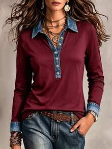 EMERY ROSE Casual Design Denim Effect Color Block Patchwork Polo Collar Women's Long Sleeve Top, Suitable For Daily Wear Brunch, Shopping, Dating, Burgundy Autumn - Multicolor - View 8