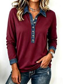 EMERY ROSE Casual Design Denim Effect Color Block Patchwork Polo Collar Women's Long Sleeve Top, Suitable For Daily Wear Brunch, Shopping, Dating, Burgundy Autumn - Multicolor - View 4