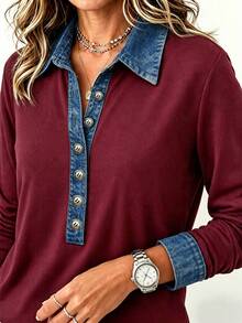 EMERY ROSE Casual Design Denim Effect Color Block Patchwork Polo Collar Women's Long Sleeve Top, Suitable For Daily Wear Brunch, Shopping, Dating, Burgundy Autumn - Multicolor - View 7